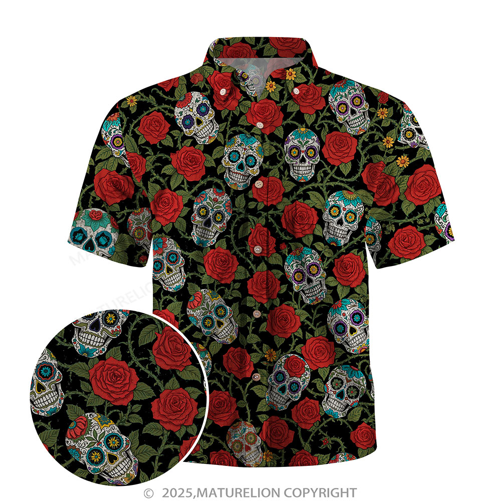 Maturelion Men's Hawaiian Shirt Black Rose Sugar Skull Day of the Dead Hawaiian Shirt