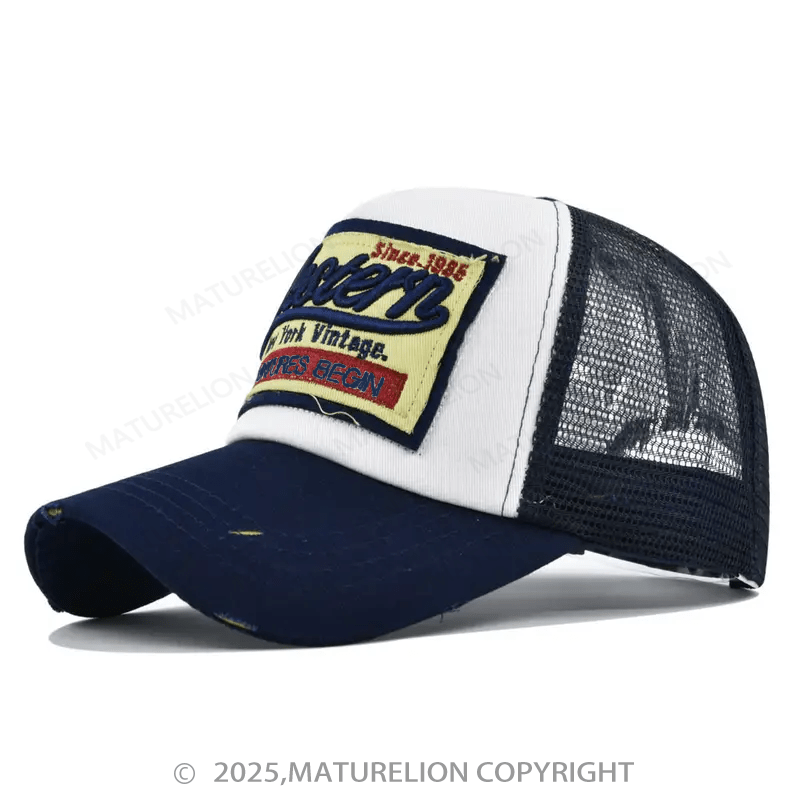 Maturelion Men's Distressed Cap 1985 Vintage Trucker Hat with Green and Gold Accents