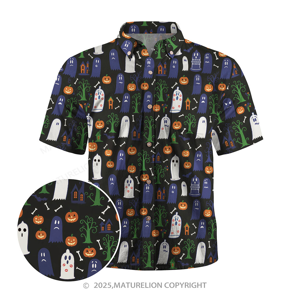 Maturelion Halloween Hawaiian Shirt Black Blue Ghost & Pumpkin Hawaiian Shirt