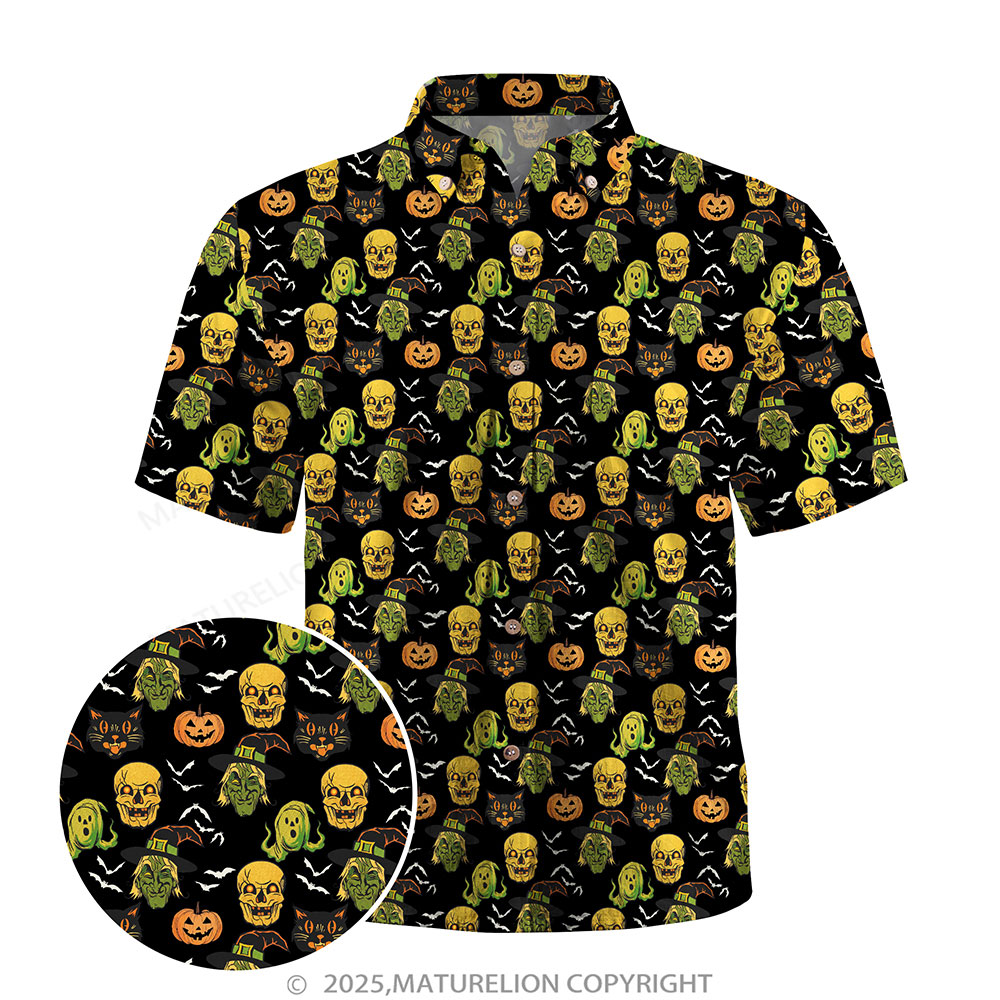 Maturelion Men's Hawaiian Shirt Pumpkin Skull and Witch Print Hawaiian Shirt