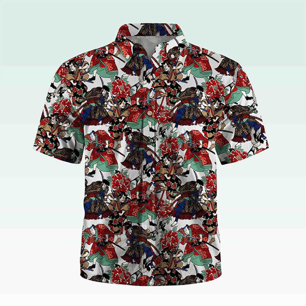 Maturelion Men's Button Pocket Shirt Koi Fish and Waves Cotton Hawaiian Shirt