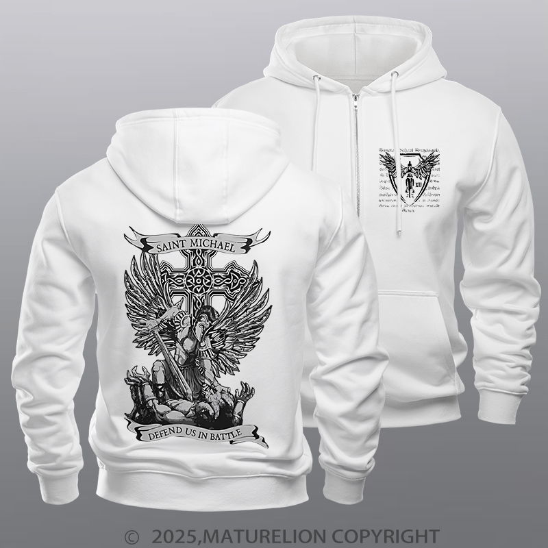 Maturelion Men's Hoodie Saint Michael Defend Us Fleece Zipper Hoodie