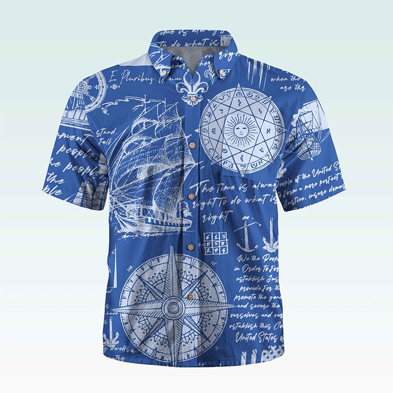 Maturelion Men's Button Pocket Shirt Helloice Steampunk Gold Compass Print Short Sleeve Hawaiian Shirt