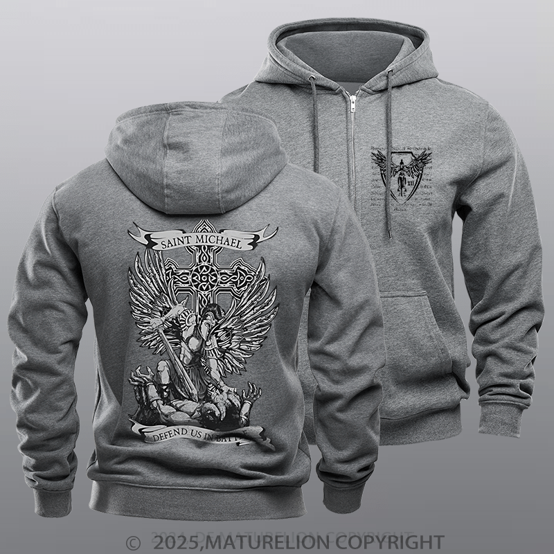 Maturelion Men's Hoodie Saint Michael Defend Us Fleece Zipper Hoodie