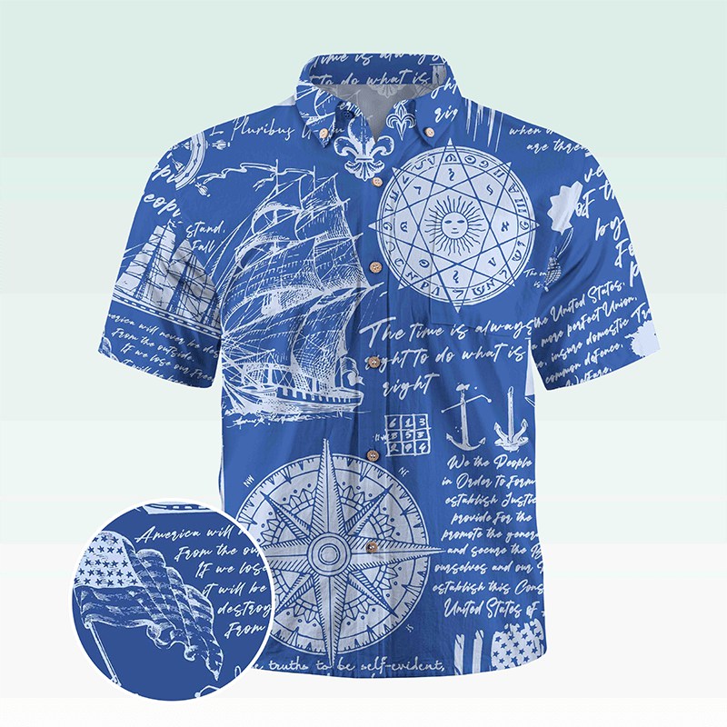 Maturelion Men's Button Pocket Shirt Helloice Steampunk Gold Compass Print Short Sleeve Hawaiian Shirt