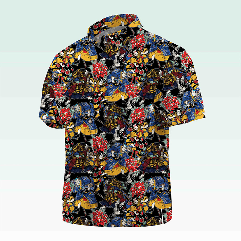 Maturelion Men's Button Pocket Shirt Koi Fish and Waves Cotton Hawaiian Shirt