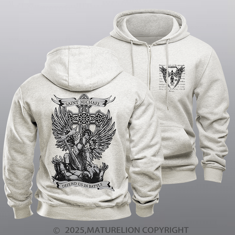 Maturelion Men's Hoodie Saint Michael Defend Us Fleece Zipper Hoodie