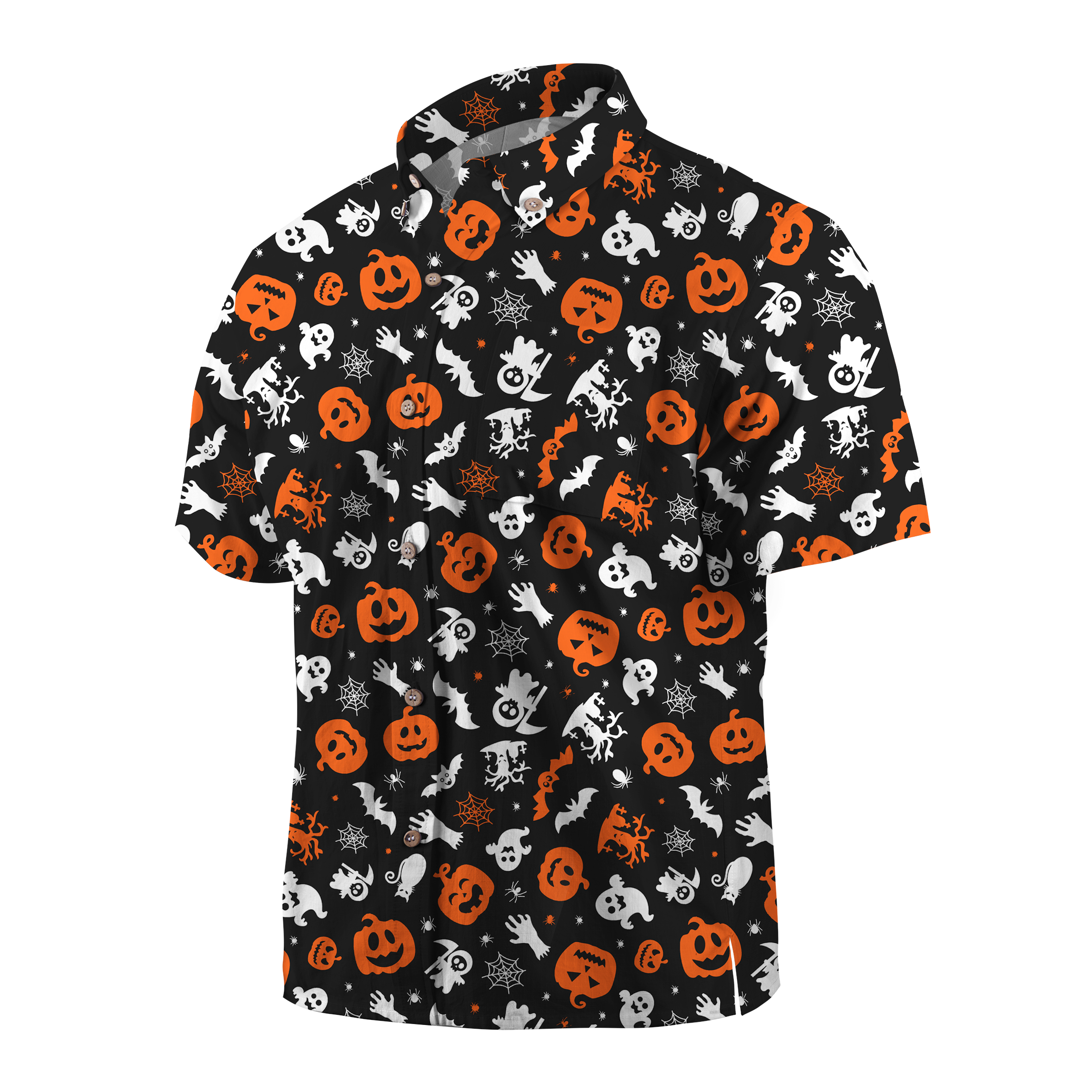 Maturelion Orange Festival Endless pumpkins, bats, spiders, ghosts, bones, candies and spider webs Halloween Hawaiian Shirt