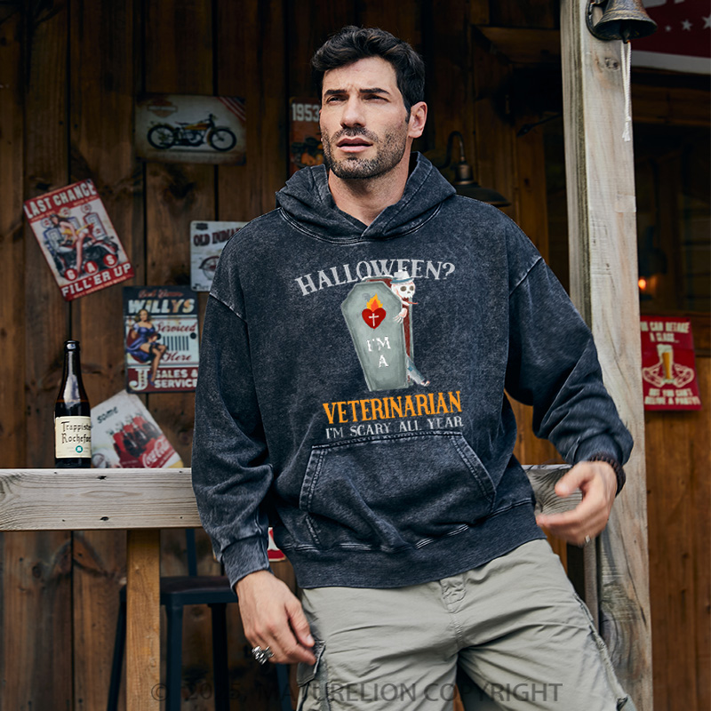 Maturelion Men's Hoodie Veterinarian I'm Scary All Year Vet Tech Washed Hoodie