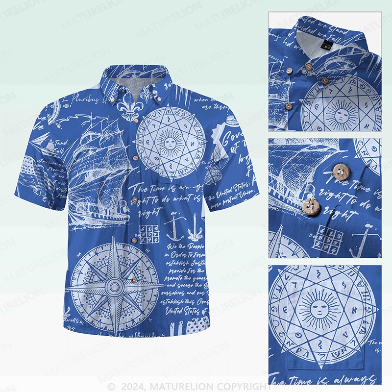 Maturelion Men's Button Pocket Shirt Helloice Steampunk Gold Compass Print Short Sleeve Hawaiian Shirt