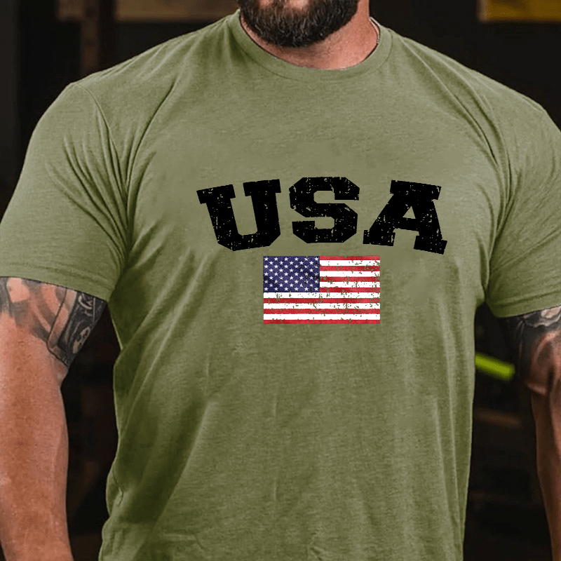 USA Distressed Flag American Pride Red White and Blue Cotton T-shirt-Maturelion