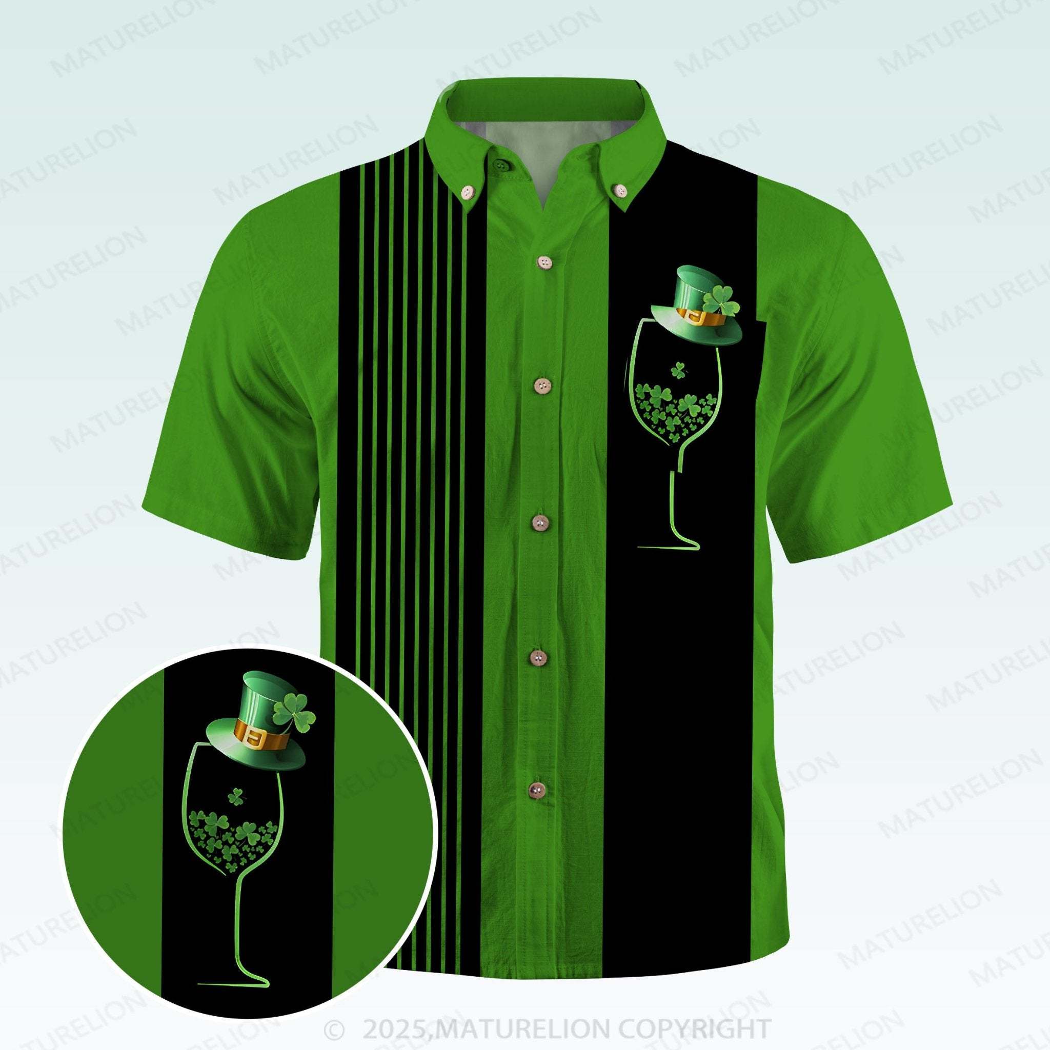 Maturelion St. Patrick's Button Pocket ShirtClassic 1950s Green Palm Print Hawaiian Shirt