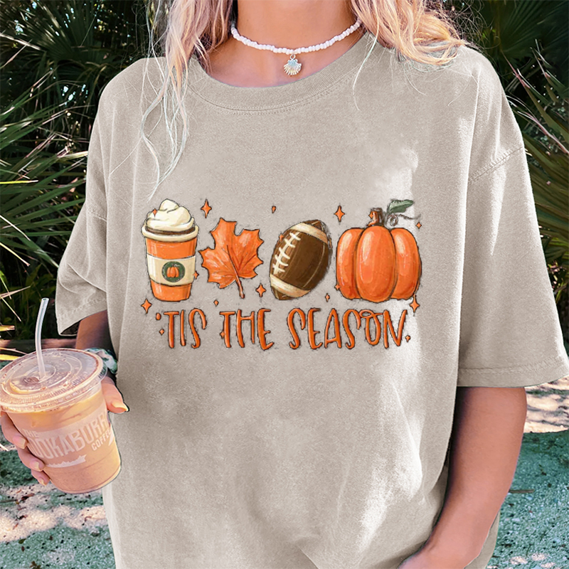 Maturelion Women's T-Shirt Tis The Season Fall Coffee Lovers Pumpkin Latte Thanksgiving Cotton T-Shirt
