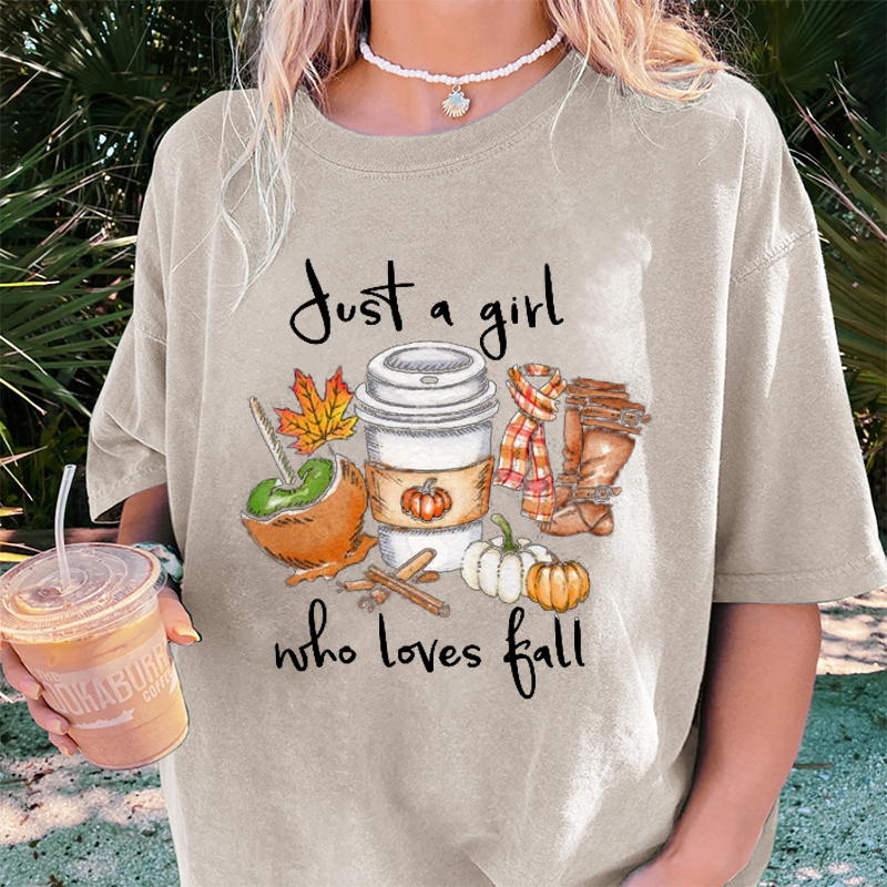 Maturelion Women's T-Shirt Just A Girl Who Loves Fall Pumpkin Coffee Lover Happy Thanksgiving Cotton T-Shirt