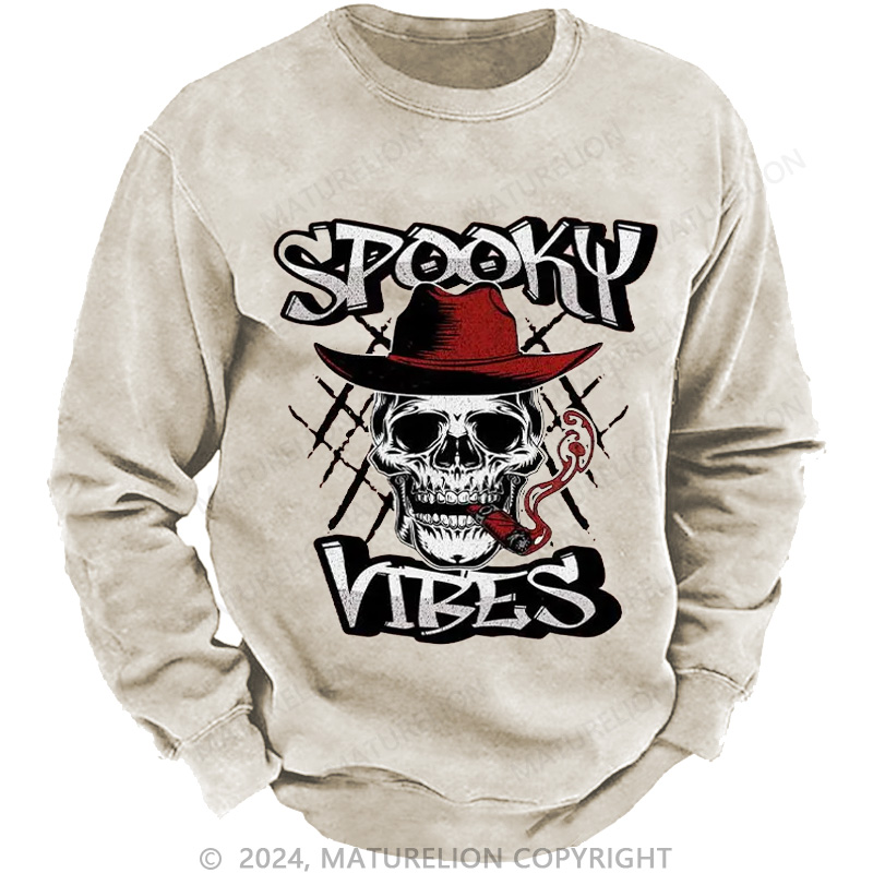 Maturelion Men's Sweatshirt Spooky Cowboy Washed Sweatshirts