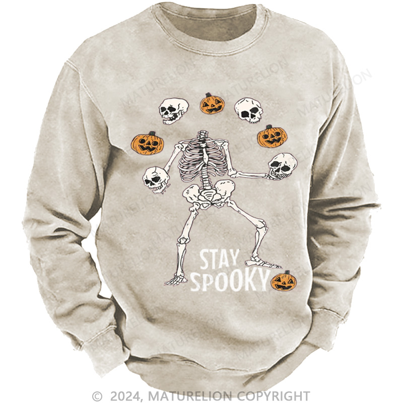 Maturelion Men's Sweatshirt Stay Spooky Skeleton Washed Sweatshirts