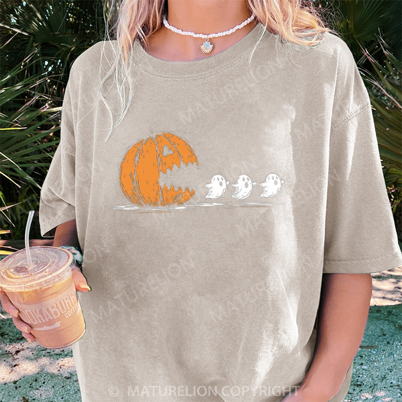 Maturelion Women's T-shirt Pumpkin Eat Ghost DTG Washed T-shirt