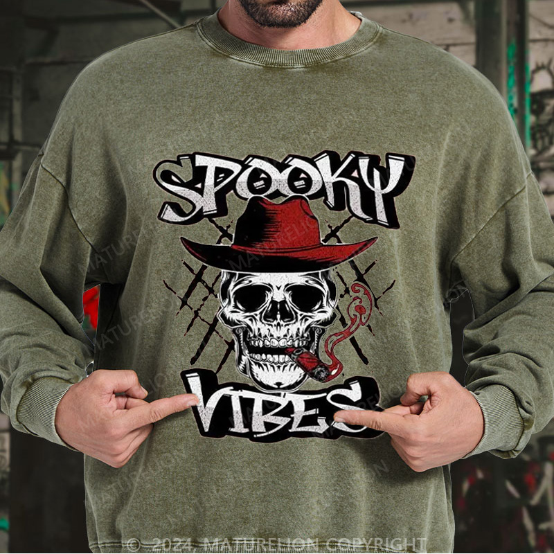 Maturelion Men's Sweatshirt Spooky Cowboy Washed Sweatshirts