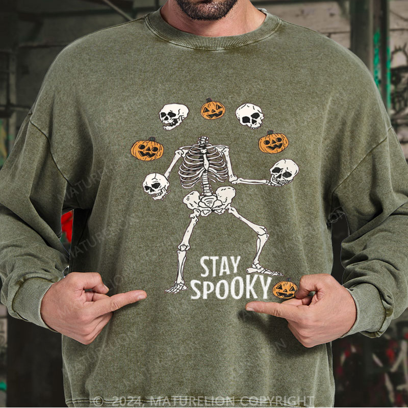 Maturelion Men's Sweatshirt Stay Spooky Skeleton Washed Sweatshirts