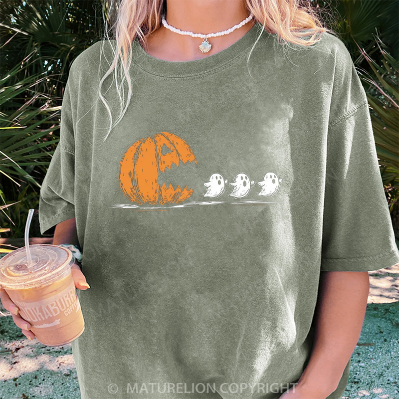 Maturelion Women's T-shirt Pumpkin Eat Ghost DTG Washed T-shirt