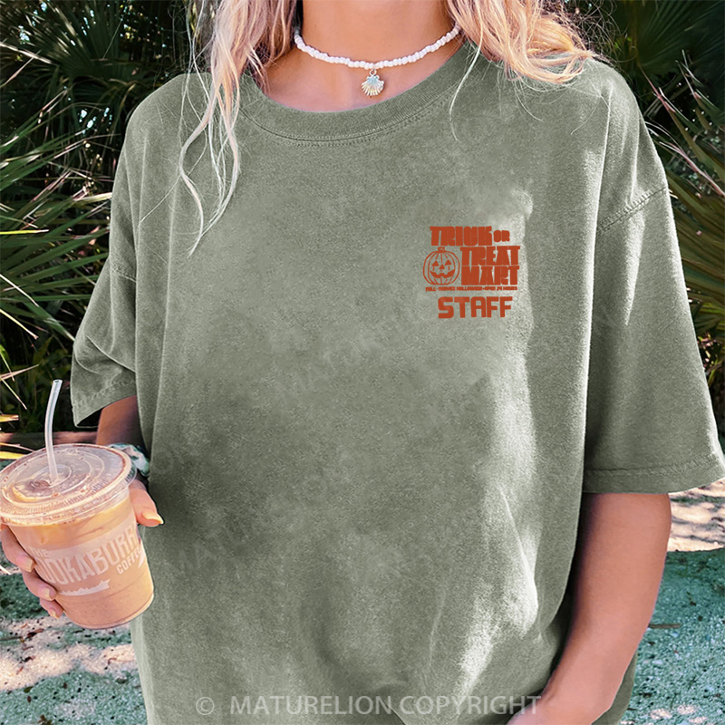Maturelion Women's T-shirt Trick or Treat Mart Staff DTG Washed T-shirt