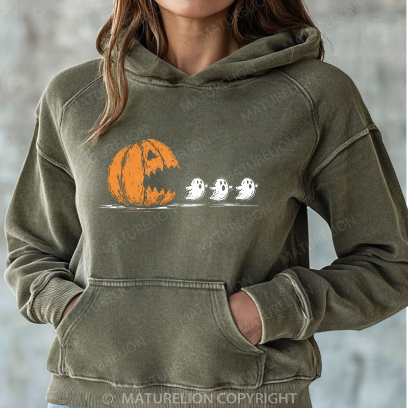 Maturelion Halloween Hoodie Pumpkin Eat Ghost Women Washed Hoodie