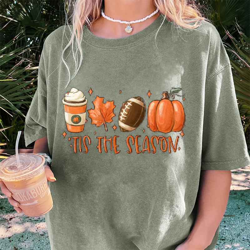 Maturelion Women's T-Shirt Tis The Season Fall Coffee Lovers Pumpkin Latte Thanksgiving Cotton T-Shirt
