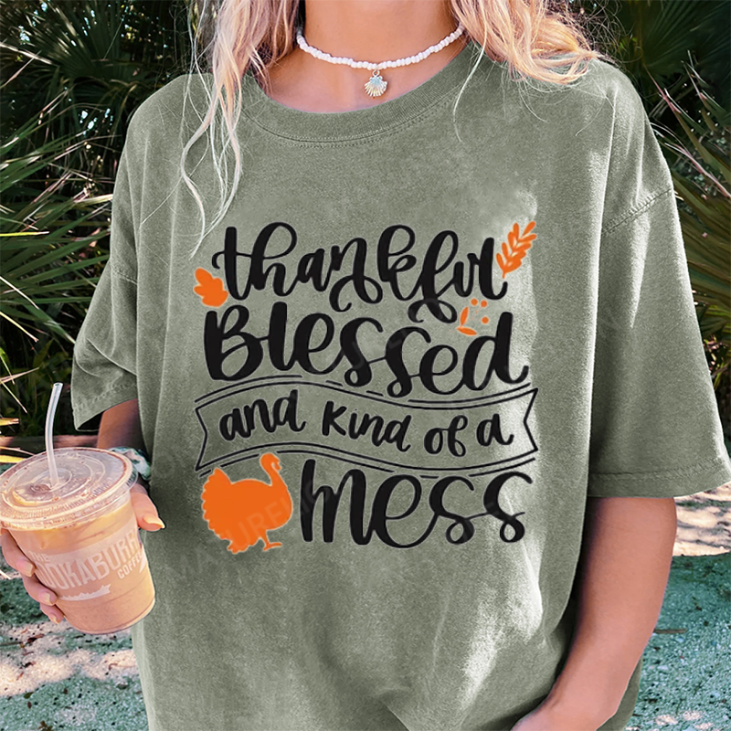 Maturelion Women's T-Shirt Thankful Blessed and Kind of a Mess Thanksgiving Cotton T-Shirt