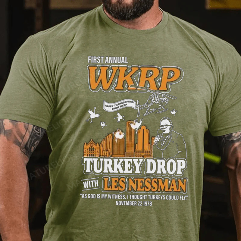 Maturelion Men's T-Shirt First Annual Wkrp Turkey Drop Thanksgiving Cotton T-Shirt