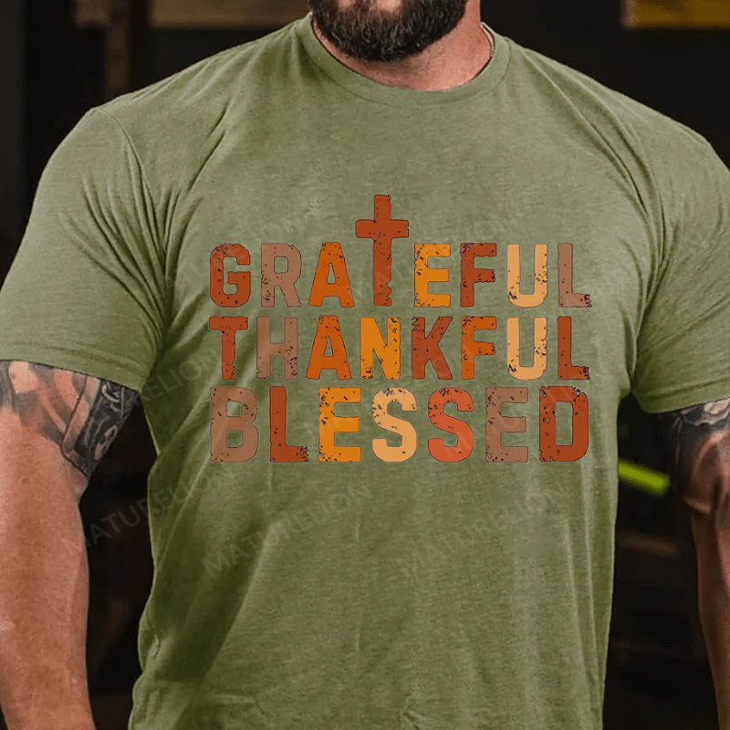 Maturelion Men's T-Shirt Grateful Thankful Blessed Cotton T-Shirt