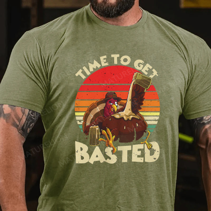 Maturelion Men's T-Shirt Turkey Day Time To Get Basted Retro Happy Thanksgiving Cotton T-Shirt