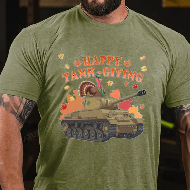 Maturelion Men's T-Shirt Happy Tank-Giving Veteran Gift Patriotic Thanksgiving Humor for Army Fans Turkey Day Cotton T-Shirt