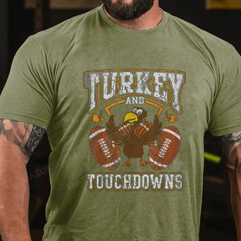 Maturelion Men's T-Shirt Turkey And Touchdowns Thanksgiving Cotton T-Shirt