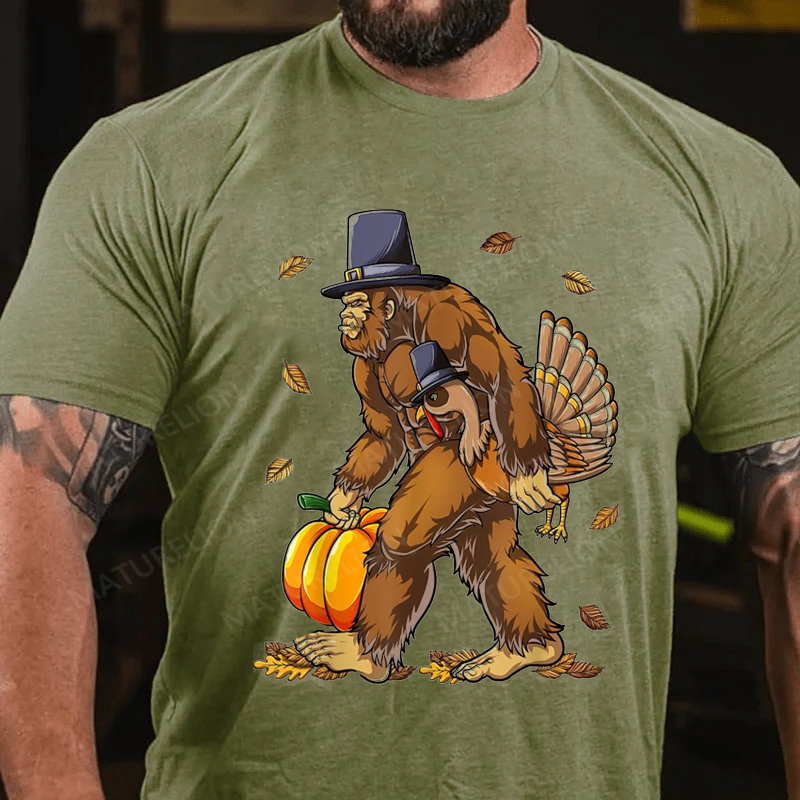 Maturelion Men's T-Shirt Bigfoot Turkey Pumpkin Thanksgiving Cotton T-Shirt