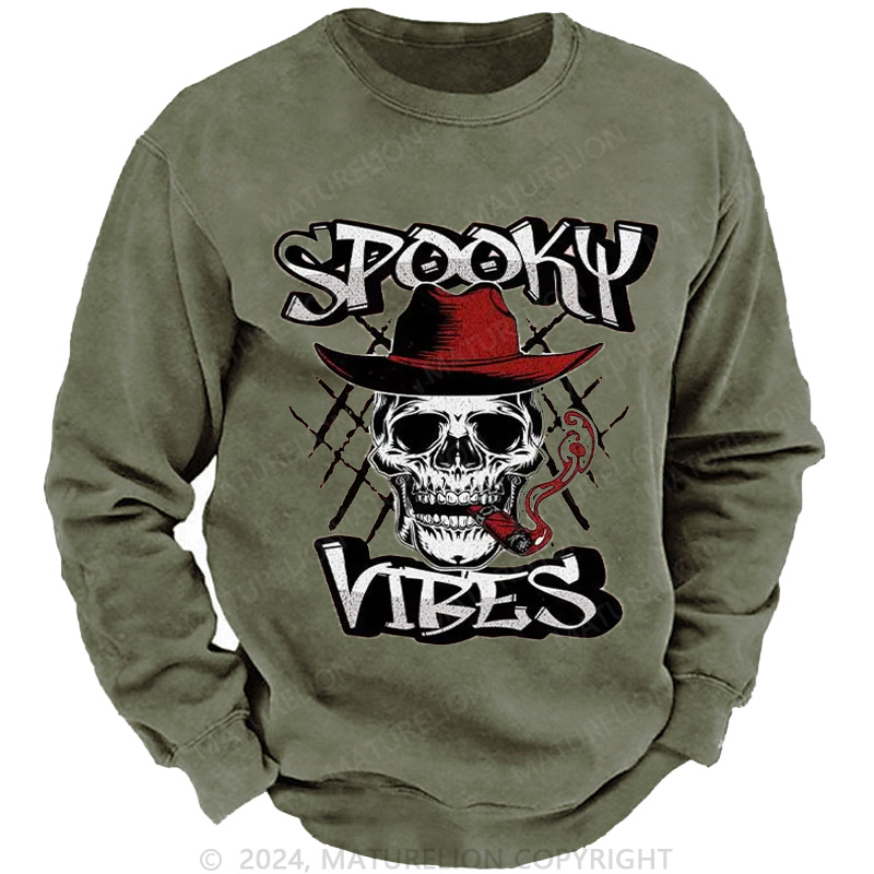 Maturelion Men's Sweatshirt Spooky Cowboy Washed Sweatshirts