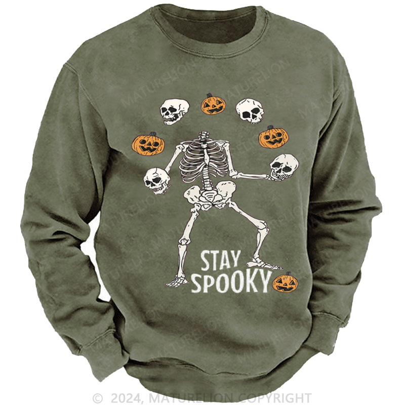 Maturelion Men's Sweatshirt Stay Spooky Skeleton Washed Sweatshirts