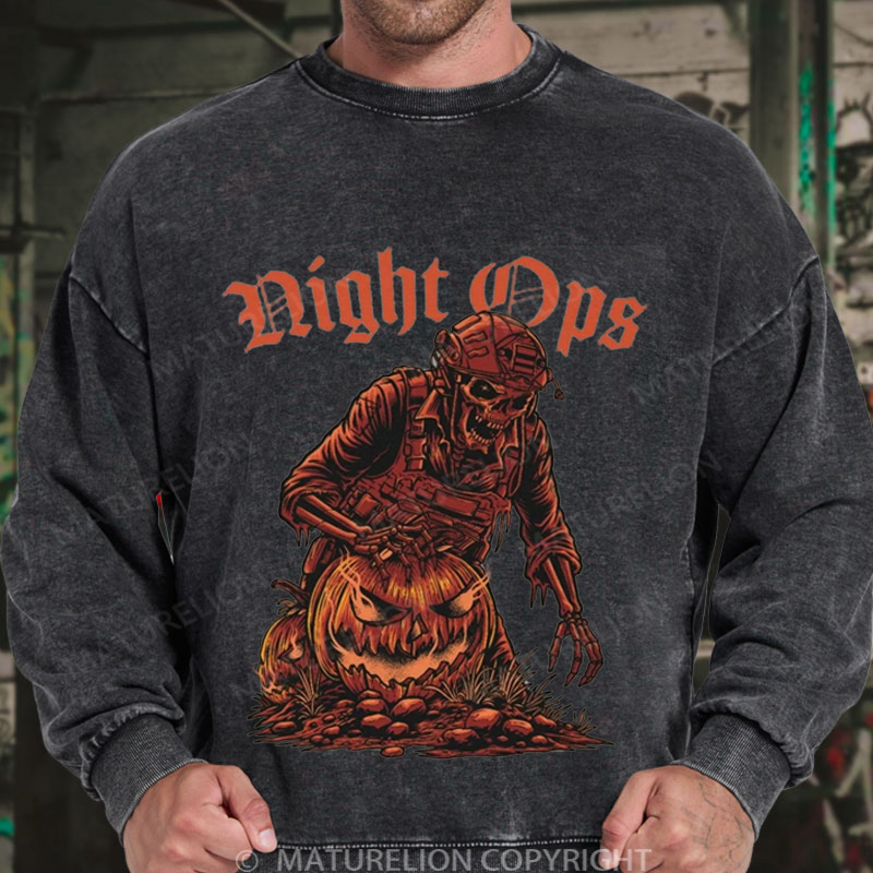 Maturelion Men's Sweatshirt Night Ops Halloween Washed Sweatshirts