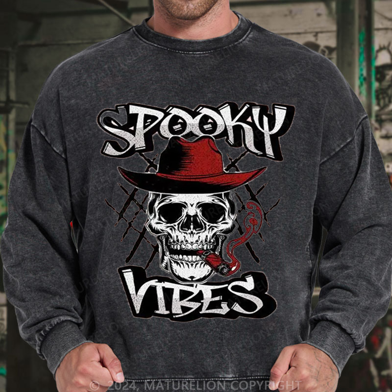 Maturelion Men's Sweatshirt Spooky Cowboy Washed Sweatshirts