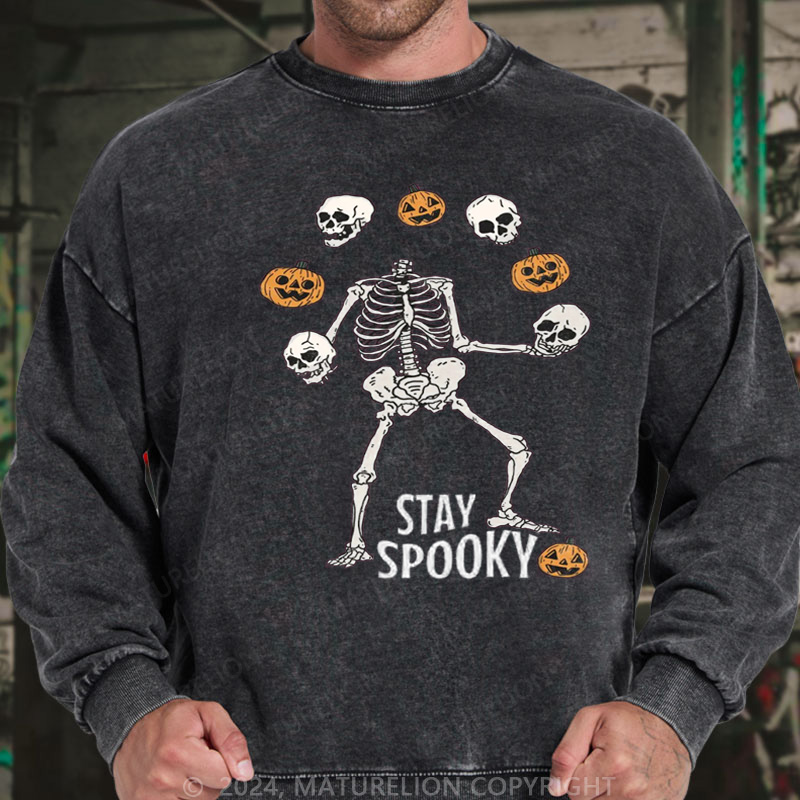 Maturelion Men's Sweatshirt Stay Spooky Skeleton Washed Sweatshirts