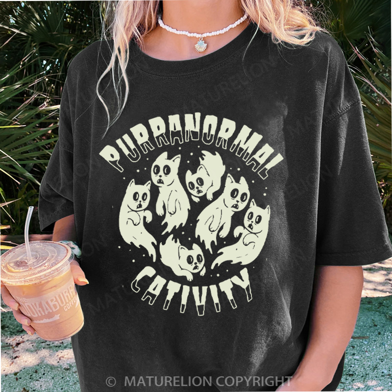 Maturelion Women's T-shirt Cat Ghost DTG Washed T-shirt