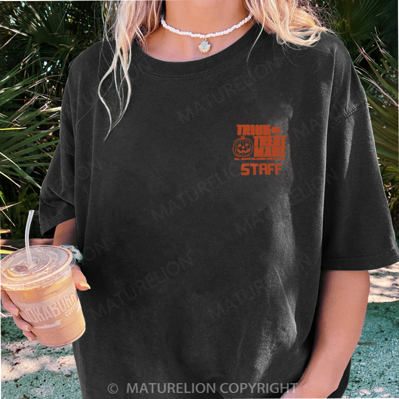 Maturelion Women's T-shirt Trick or Treat Mart Staff DTG Washed T-shirt