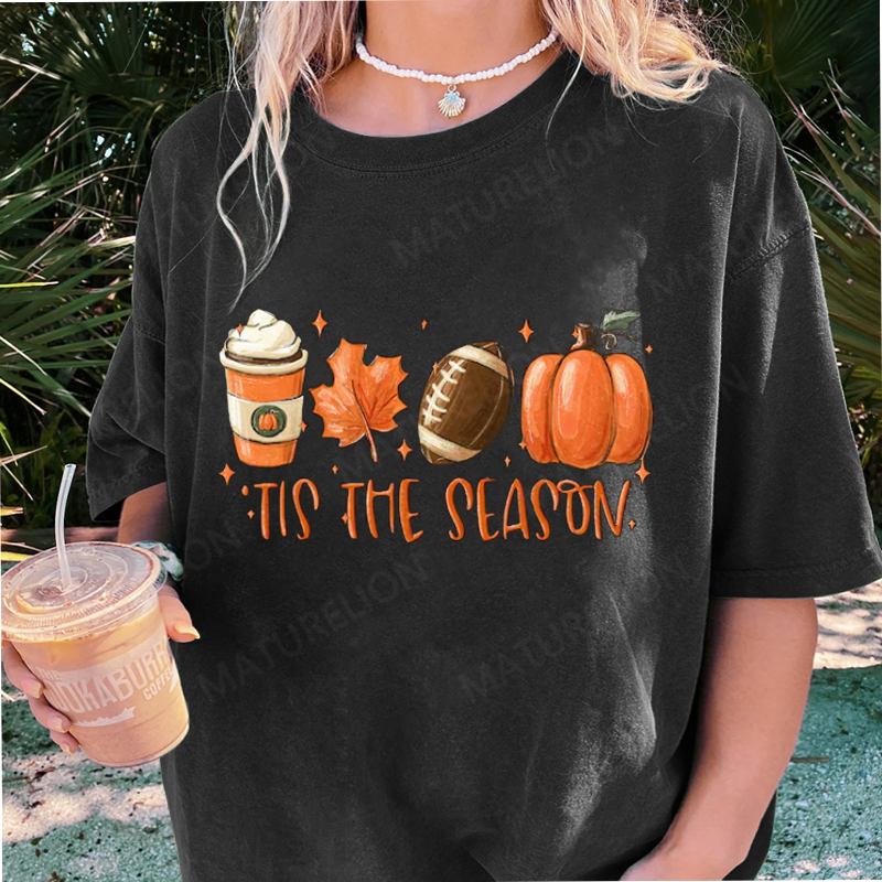 Maturelion Women's T-Shirt Tis The Season Fall Coffee Lovers Pumpkin Latte Thanksgiving Cotton T-Shirt