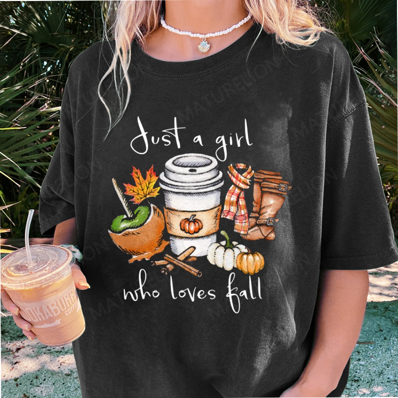 Maturelion Women's T-Shirt Just A Girl Who Loves Fall Pumpkin Coffee Lover Happy Thanksgiving Cotton T-Shirt