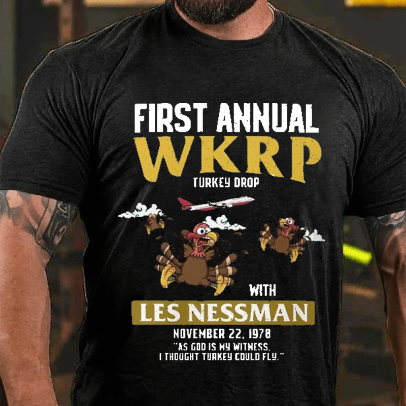 Maturelion Men's T-Shirt First Annual WKRP Turkey Drop in Cincinnati Thanksgiving Cotton T-Shirt