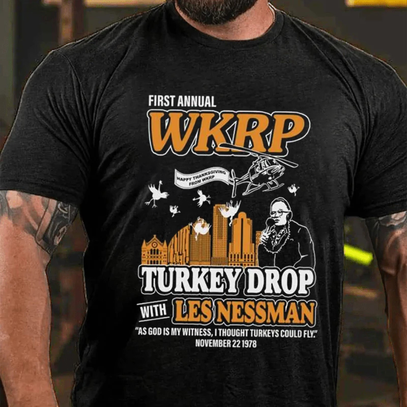 Maturelion Men's T-Shirt First Annual Wkrp Turkey Drop Thanksgiving Cotton T-Shirt