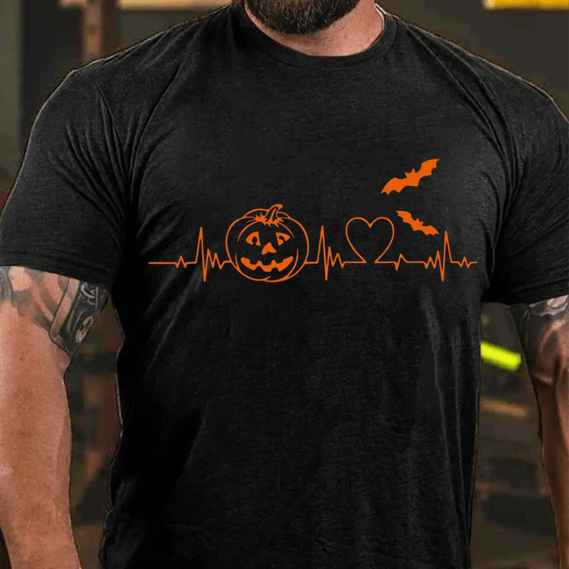 Maturelion Men's T-Shirt Halloween Pumpkin Heartbeat Fall Spooky Season Thanksgiving Cotton T-Shirt