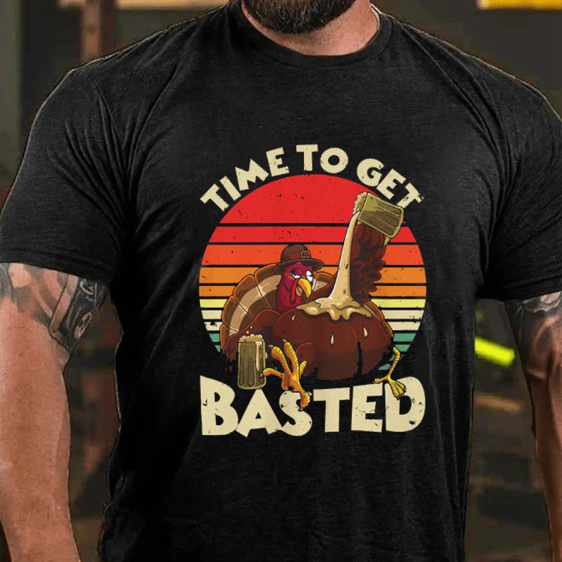 Maturelion Men's T-Shirt Turkey Day Time To Get Basted Retro Happy Thanksgiving Cotton T-Shirt
