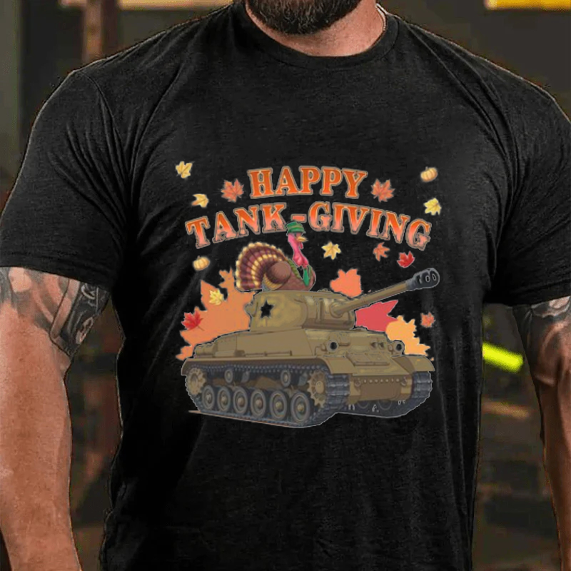 Maturelion Men's T-Shirt Happy Tank-Giving Veteran Gift Patriotic Thanksgiving Humor for Army Fans Turkey Day Cotton T-Shirt