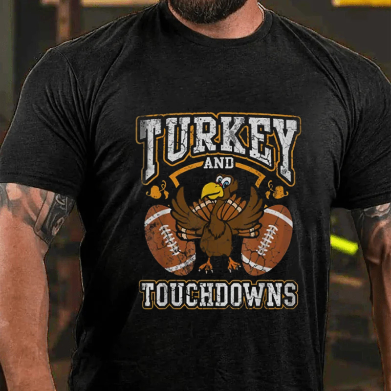Maturelion Men's T-Shirt Turkey And Touchdowns Thanksgiving Cotton T-Shirt
