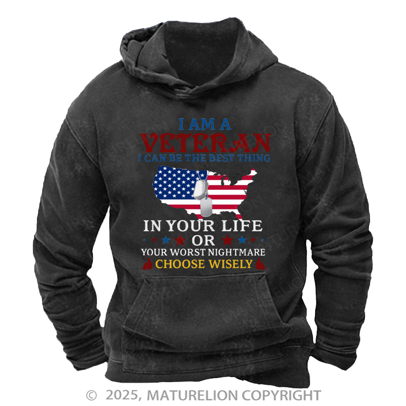 Maturelion Men's Hoodie I Am A Veteran Best Thing Or Worst Nightmare Washed Hoodie